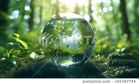 Transparent crystal sphere in a green forest filled with sunlight. Grass and trees are reflected in the glass globe. Protection of water resources concept. Environmental care. Earth Day. 3D rendering. 105397744