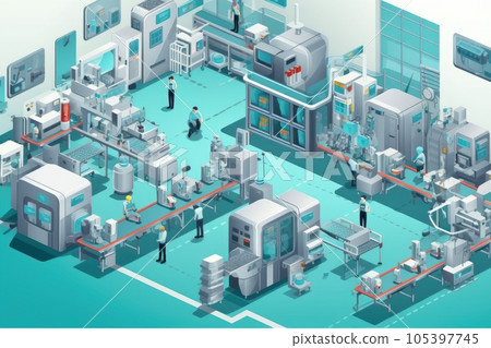 3D mockup illustration of contemporary high-tech production workshop. Facility with modern industrial machinery and conveyors. Manufacturing process: pharmaceutics, semiconductors, biotechnology. 105397745