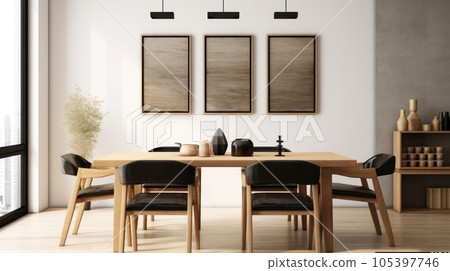 Stylish open space dining room interior in a modern apartment. Wooden table with design chairs, dried flowers in a vase, home decor, poster templates on the wall. Mockup, 3D rendering. 105397746