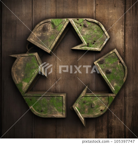 Painted metal recycling symbol on the wooden background. Ecological interaction and waste recycling priority. Environmental sustainable development concept. Mockup, 3D rendering. Painted metal recycling symbol on the wooden background. Ecological interaction and waste recycling priority. Environmental sustainable development concept. Mockup, 3D rendering. 105397747