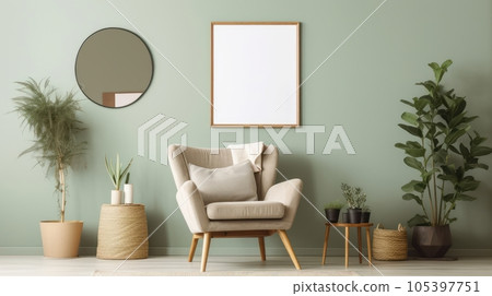 Front view of a modern luxury living room in green colors. Green wall with poster template and mirror, comfortable armchair with cushion, coffee table, several green plants in flower pots. Mockup. 105397751