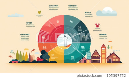 Schematic diagram illustrating energy consumption and carbon dioxide emissions in various areas of human activity. Renewable energy and recycling. Mockup, infographics, beige background. Schematic diagram illustrating energy consumption and carbon dioxide emissions in various areas of human activity. Renewable energy and recycling. Mockup, infographics, beige background. 105397752
