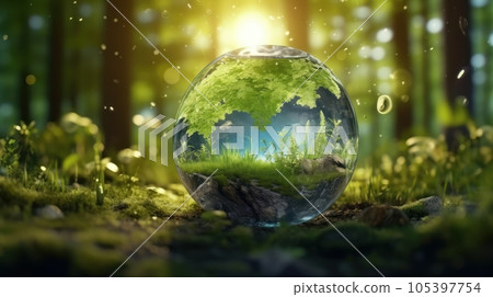 Transparent crystal sphere in a green forest filled with sunlight. Grass and trees are reflected in the glass globe. Protection of water resources concept. Environmental care. Earth Day. 3D rendering. 105397754