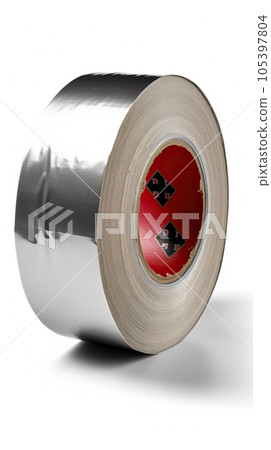 A roll of silver colored adhesive tape positioned on a white surface. 105397804