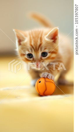 An adorable, playful orange kitten engaged with a toy. 105397807