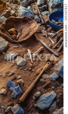 Archaeological scene with a collection of ancient tools and artifacts. 105397817
