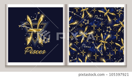 Pattern, label with gold icon of zodiac sign Pisces, constellation with stars, third eye, text, triangle as alchemical symbol of water element. Mystic esoteric concept. Vintage style. 105397921