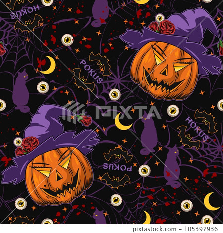 Pattern with fantasy pumpkin like a female face, eyeballs, purple hat with roses, silhouette of bat, cat, crescent, stars, blood spots, spiderweb behind. Holiday illustration on dark background 105397936