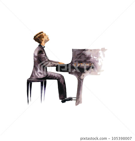 Pianist man in black tailcoat watercolor illustration. Expressive romantic pianist man plays piano isolated on white 105398007