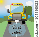 Back to school inscription and cartoon school bus. Trees and sky in the background. Hand drawn lettering. Back to school concept. Vector illustration. 105398022