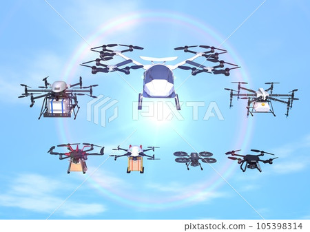 天空中飛舞的大量無人機編隊、光暈、彩虹環（3DCG圖像） 105398314