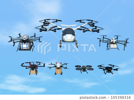 A large number of drone formations flying in the sky (3DCG image) 105398316