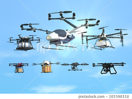 大量無人機編隊在天空中飛行(3DCG圖像) 大量無人機編隊在天空中飛行(3DCG圖像) 105398318