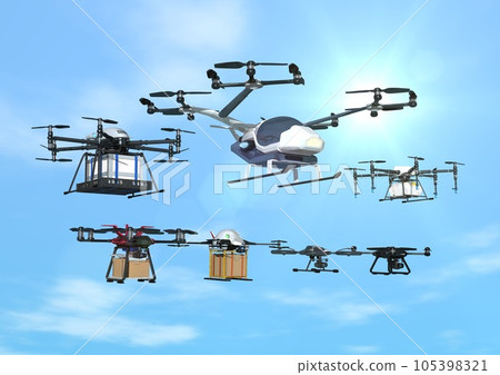A large number of drone formations flying in the sky (3DCG image) 105398321