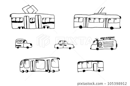 Set of simple doodle vector black public transport. Cute childish freehand cartoon outline city transports for kids coloring books, educational app, sticker, logo Set of simple doodle vector black public transport. Cute childish freehand cartoon outline city transports for kids coloring books, educational app, sticker, logo 105398912