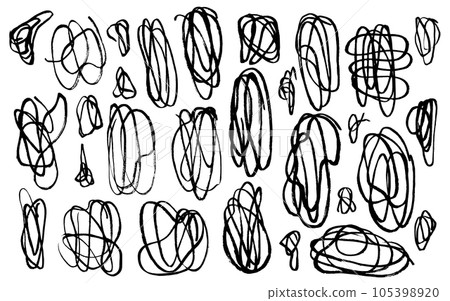 Set of sketch vector hand drawn black ink textured messy lines swirls. Collection of chaotic strokes scribbles for advertisement, decor element, mental struggling concept Set of sketch vector hand drawn black ink textured messy lines swirls. Collection of chaotic strokes scribbles for advertisement, decor element, mental struggling concept 105398920