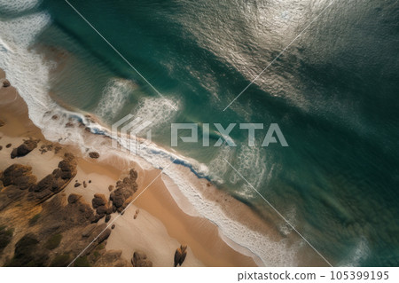 The stunning beauty of a beach and crystal-clear ocean is captured from an aerial perspective, creating an abstract and panoramic view that is perfect for scenic photography. AI Generative. 105399195