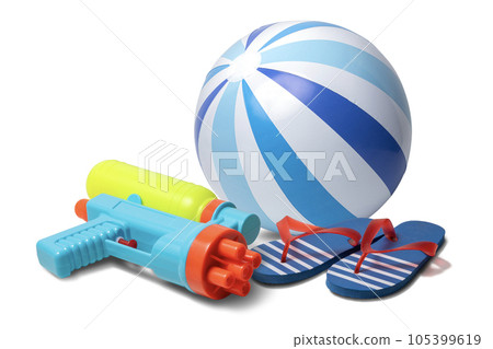 Beach balls, water guns, beach sandals. Image of playing in the water, summer, summer vacation, etc. Beach balls, water guns, beach sandals. Image of playing in the water, summer, summer vacation, etc. 105399619