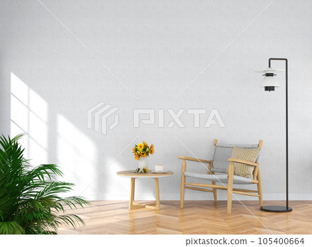 Interior living room with chair and decorations. Scandinavian design. 3D render Interior living room with chair and decorations. Scandinavian design. 3D render 105400664