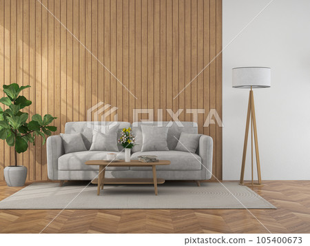 Interior living room with sofa and decorations. Scandinavian design. 3D render Interior living room with sofa and decorations. Scandinavian design. 3D render 105400673