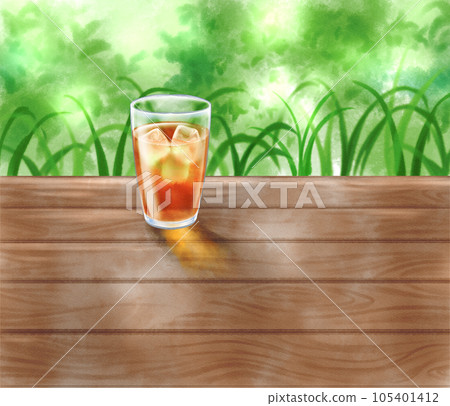 Barley tea in a glass placed on the porch drawn by watercolor 105401412
