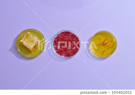 Top view of three petri dish filled with stigmas saffron, honey and yellow essence on purple background. Minimal scene for advertising. Rare natural extracts good for health and beauty 105402052