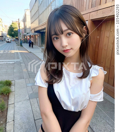 一個美麗的女高中模特盯著這個 一個美麗的女高中模特盯著這個 105402293