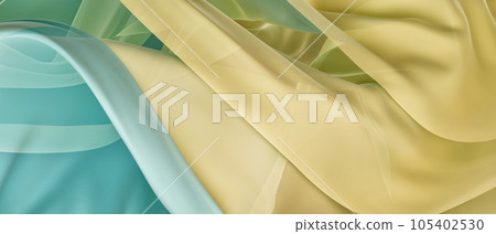 Yellow and blue veil on wind close-up. Wiggly folds. 105402530