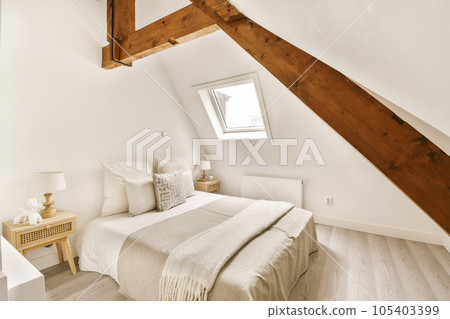 a bedroom with white walls and wooden beams on the ceiling above it is a bed, nightstand, night stand and bedside a bedroom with white walls and wooden beams on the ceiling above it is a bed, nightstand, night stand and bedside 105403399