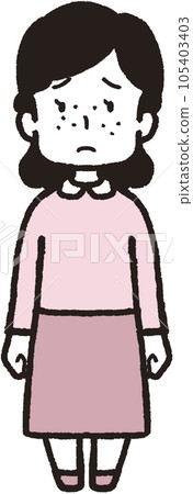 一個滿臉雀斑、表情悲傷、面朝前方的女人的全身插圖 一個滿臉雀斑、表情悲傷、面朝前方的女人的全身插圖 105403403