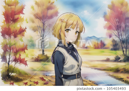 《AI生成圖像》 行走在秋葉中的女孩 105403493