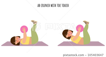 Undersized woman doing ab crunch with toe touch Undersized woman doing ab crunch with toe touch 105403647
