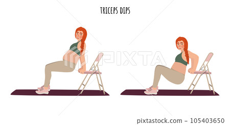 Pregnant woman doing triceps dips exercise Pregnant woman doing triceps dips exercise 105403650