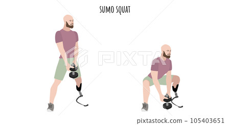 Man with a prosthetic leg doing sumo squat Man with a prosthetic leg doing sumo squat 105403651