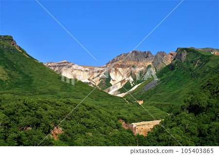 The peaks of Mt. Tokachi seen from Yumoto Ryounkaku of Tokachidake Onsen overlooking Mt. Tokachi, the majestic mountain of Hokkaido 105403865