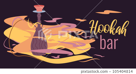 Banner layout design template for hookah bar. Hookah in colored smoke. Vector flat illustration. Banner layout design template for hookah bar. Hookah in colored smoke. Vector flat illustration. 105404814