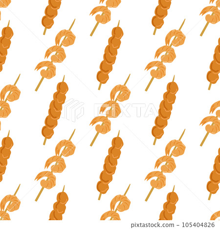 Seamless pattern of Asian food, Chicken shish kebab and shrimp. Wallpaper, background, flyer, fabric design. Vector illustration. 105404826