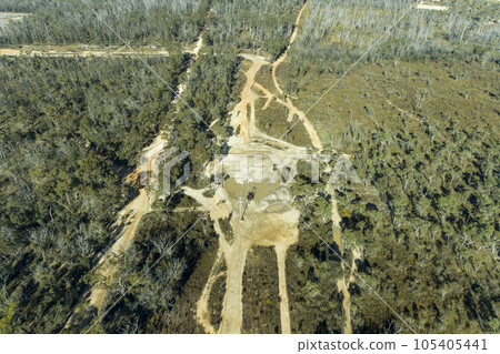 Drone aerial photograph of telephone lines running through a forest affected by bushfire in Australia 105405441