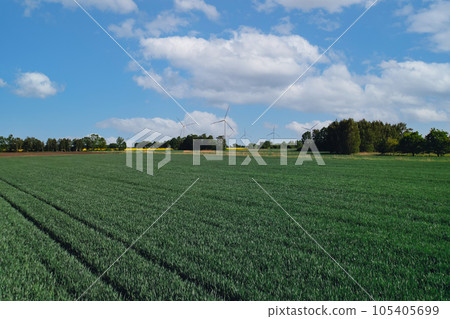 Wind turbine on grassy green field against cloudy blue sky in rural area. Offshore windmill park with clouds in farmland Poland Europe. Wind power plant generating electricity. Renewable green clean 105405699