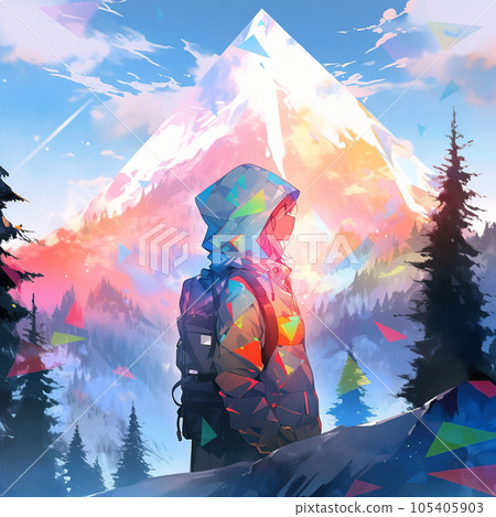 Anime-style mountain and girl illustration Generative AI 105405903