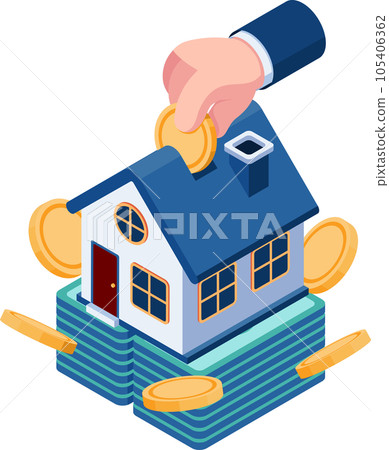Isometric Businessman Hand Insert Coin Into House Isometric Businessman Hand Insert Coin Into House 105406362