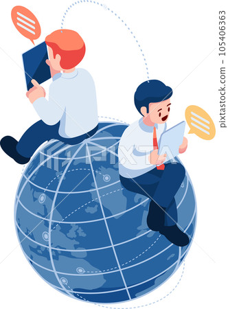Isometric Businessman Chat with Friend Over The world Through Internet Connection Isometric Businessman Chat with Friend Over The world Through Internet Connection 105406363