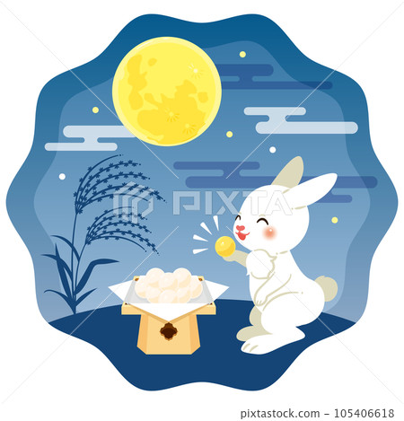 Full moon in the night sky, rabbit, pampas grass and moon dumplings 2 105406618
