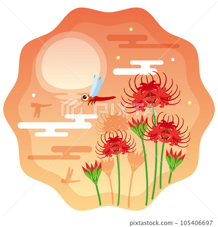 Sunset, cluster amaryllis and dragonfly 1 105406697