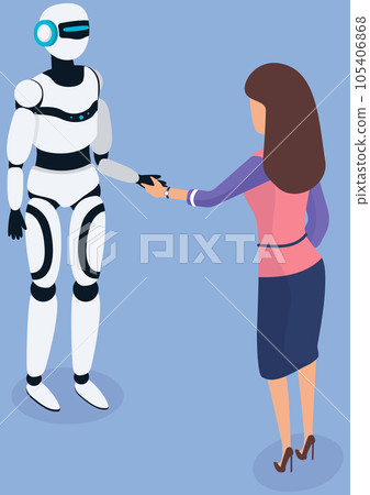 Robotics development, robot shakes hand of girl. Woman communicating with artificial intelligence Robotics development, robot shakes hand of girl. Woman communicating with artificial intelligence 105406868