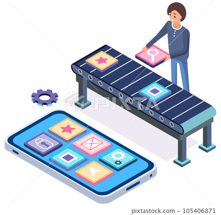 Man checks files passing on tape, program conveyor. Developer analyzes icons, colored squares 105406871