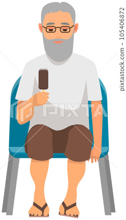 Elderly man with ice cream is watching show. Male spectator sitting on viewer place and eating 105406872
