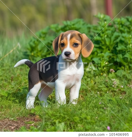 Beagle puppy standing on the green meadow in a summer green field. Portrait of a cute Beagle pup standing on the grass with a summer landscape in the background. AI generated dog illustration. 105406995
