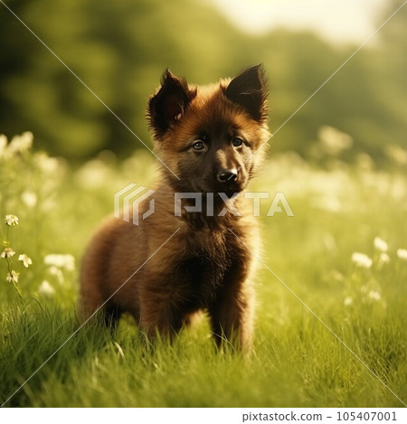 Belgian Shepherd puppy standing on the green meadow in summer green field. Portrait of a cute Belgian Shepherd pup standing on the grass with summer landscape in the background. AI generated dog 105407001