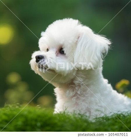 Bichon Frise puppy portrait on a sunny summer day. Closeup portrait of a cute purebred Bichon Frise pup in a field. Outdoor portrait of a beautiful puppy in a summer field. AI generated. 105407011